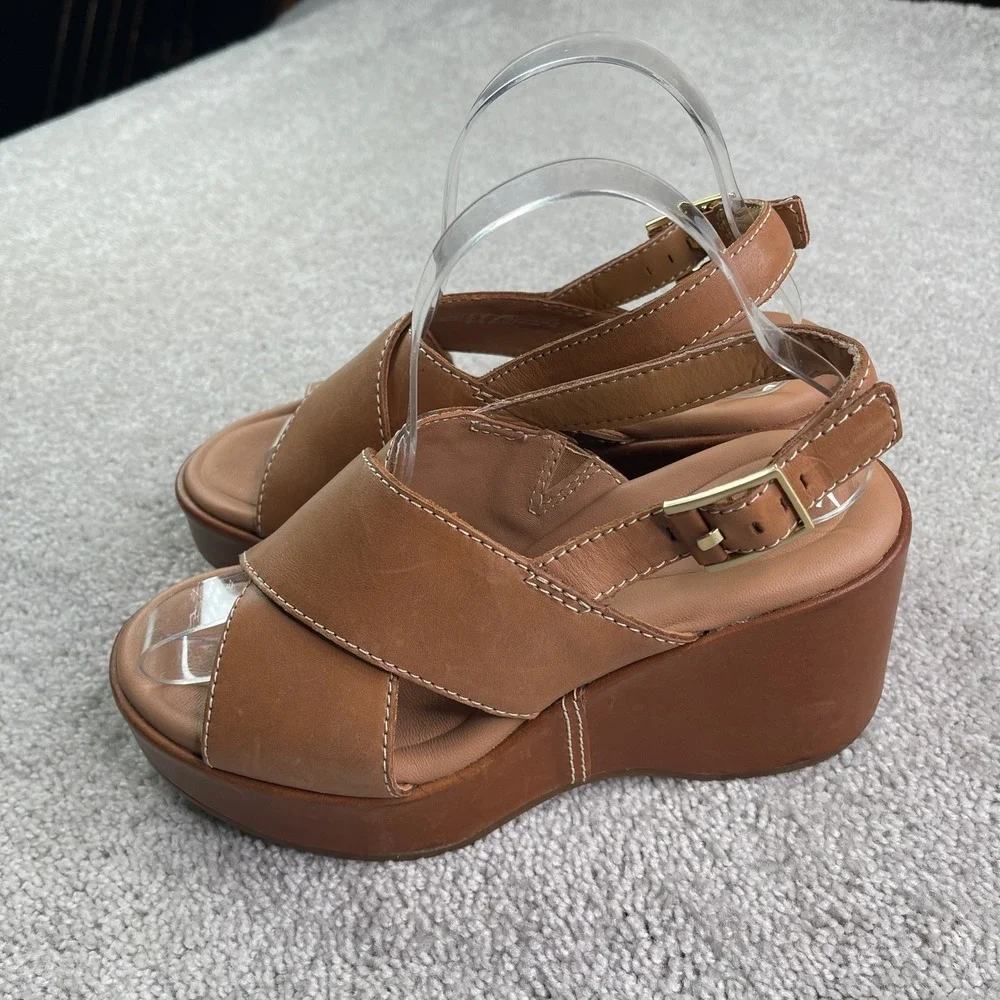 Clarks Manon Wish Sandals Women Size 8 Wide Tan Leather Wedge Slingback Platform